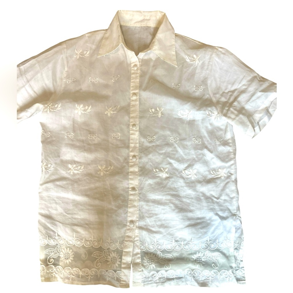 Vintage White Linen Short-Sleeve Shirt- Embroidered Button-Down Shirt-Top-Large